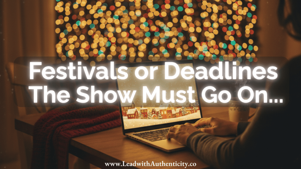 Person working on a laptop with festival decorations in the background, highlighting the clash between deadlines and celebrations.