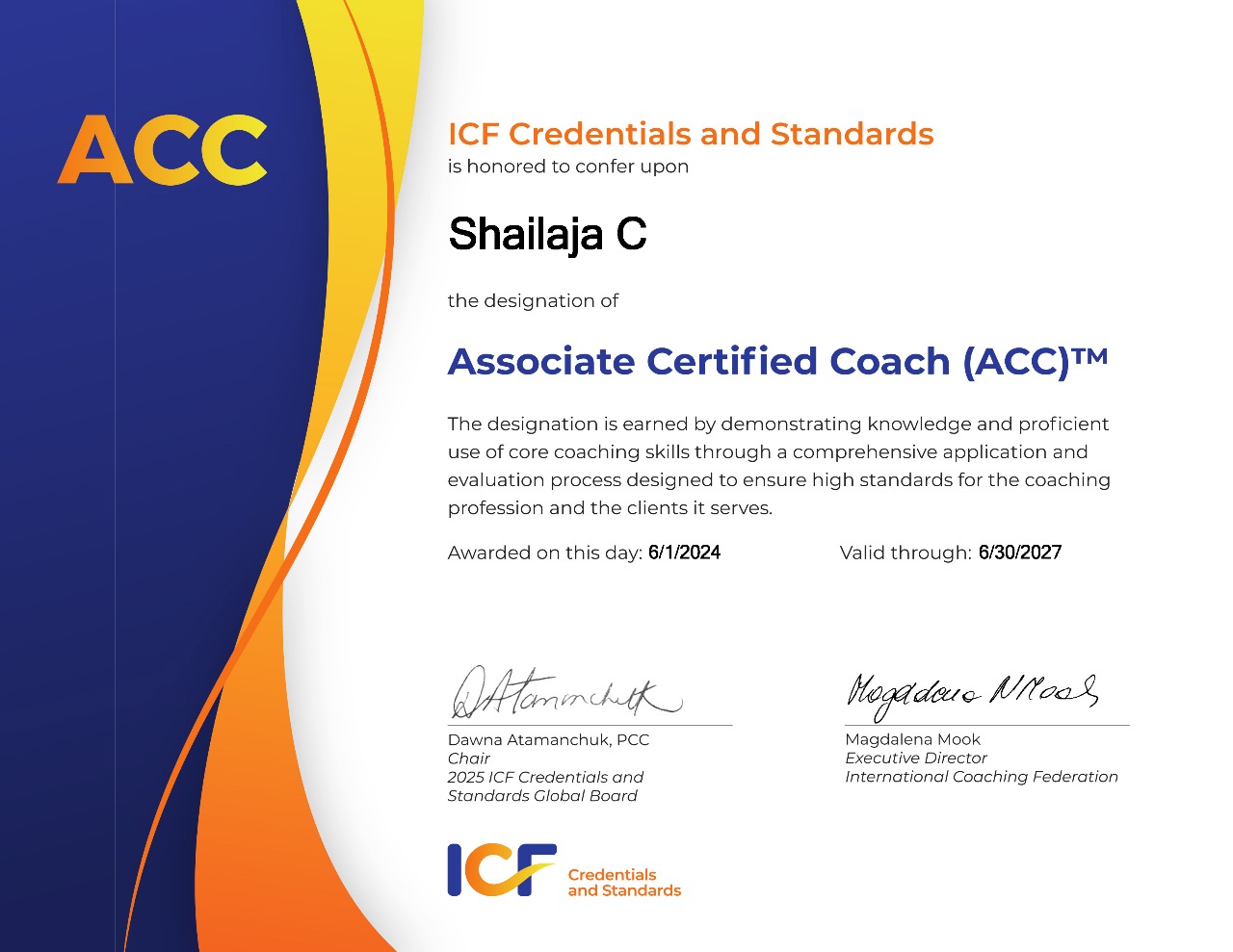 Coaching credential certificate from International Coaching Federation, validating Shailaja Shankar's expertise in career growth and transformational coaching.