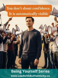 Visual metaphor for self-confidence at work: a relaxed person showing inherent confidence, not needing a megaphone.