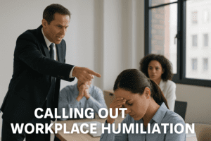 An image which is showing workplace humiliation, and the text is prompting to calling it out