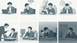Editorial-style illustration of an office worker at a desk across several stages, showing increasing tiredness and reduced energy.