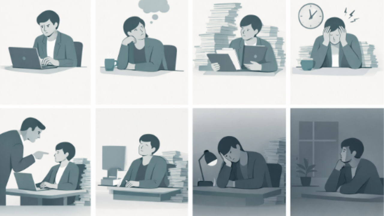 Editorial-style illustration of an office worker at a desk across several stages, showing increasing tiredness and reduced energy.